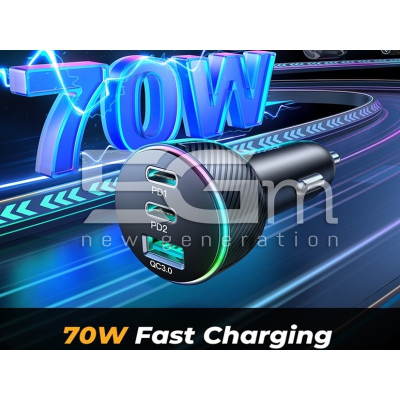 Caricabatteria Da Auto 70W Fast Charging + 3 Porte USB - Type C - Type C
